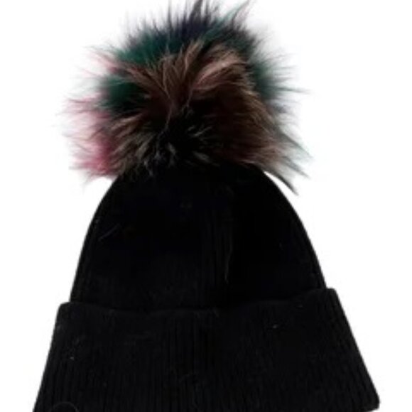 jocelyn ribbed knit black beanie with rainbow faux fur pompom NWT